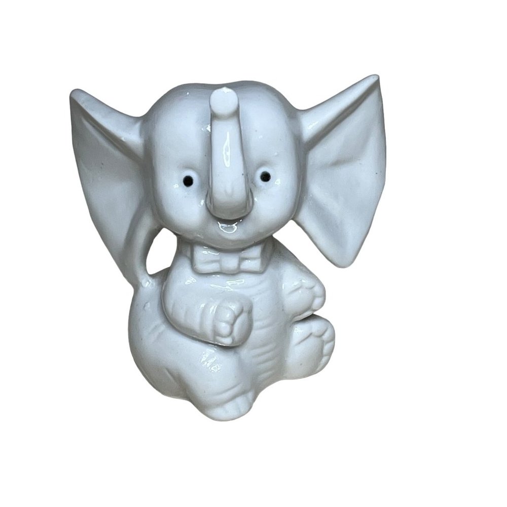 Vintage Whimsical White Elephant Ceramic Figurine Trunk Up